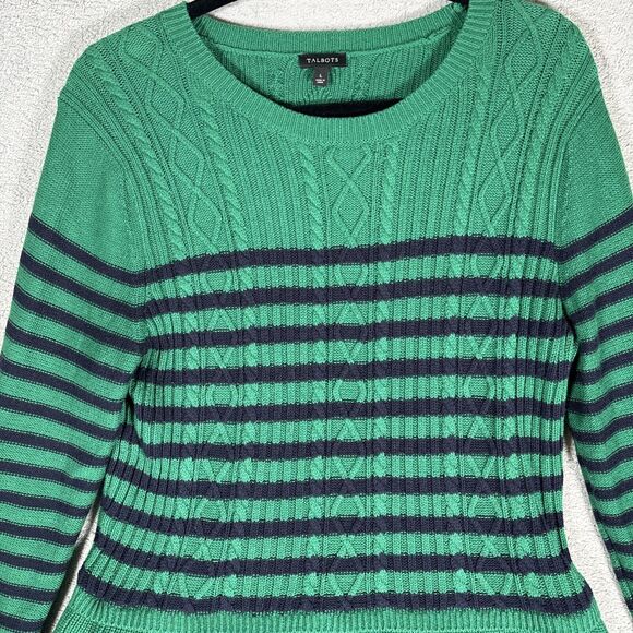 Talbots Peplum Sweater Womens L Green Black Stripe Top Casual Cotton 5% Cashmere - Picture 3 of 11